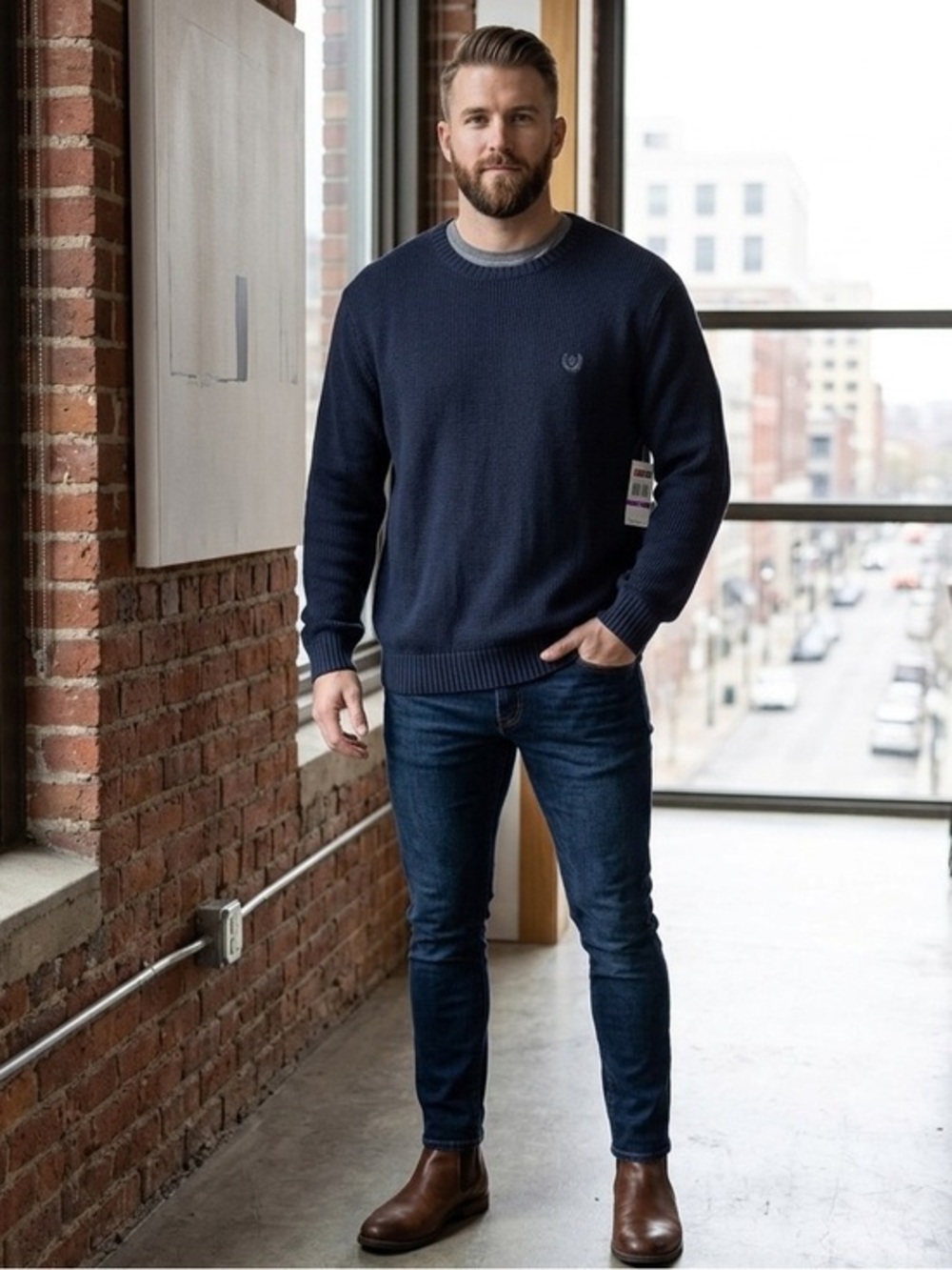 NWT Chap’s Men’s Logo Sweater XXL Navy Blue Cotton Knit Crewneck Pullover 2XL